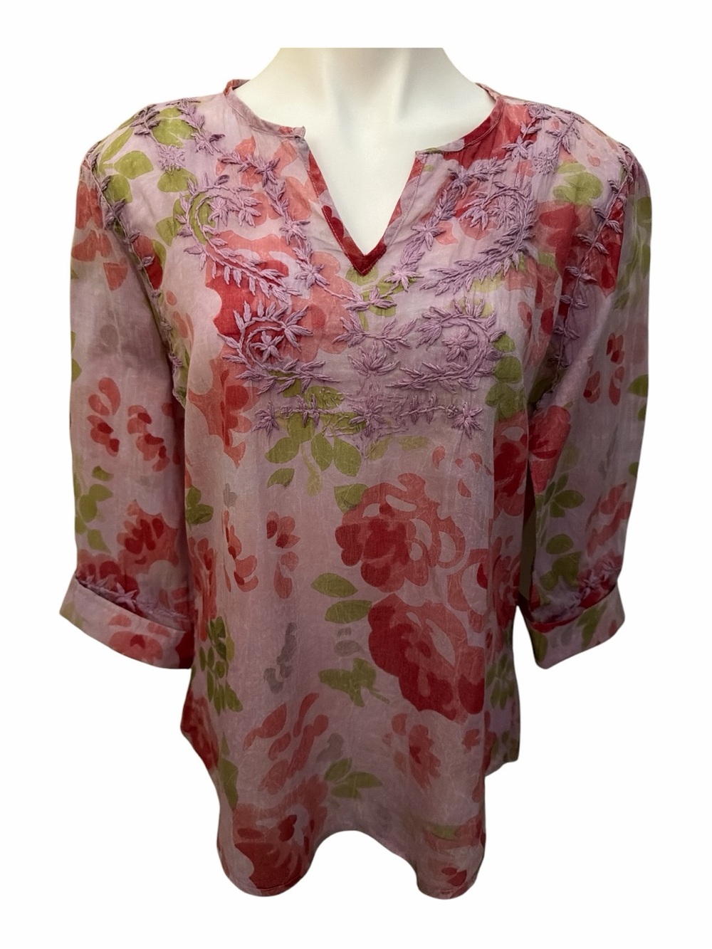Floral Embroidered Pink Tunic with Green Accents